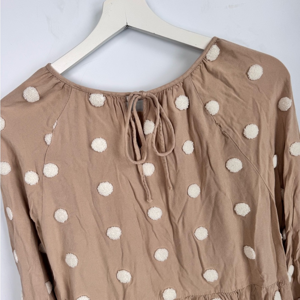 Blu Pepper Kaki & Ivory Polka Dot Round Neck Tie Babydoll Top Size Large - Picture 10 of 10